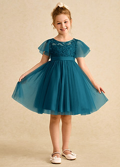 Azazie Queenie Flower Girl Dresses Ink Blue A-Line Lace Dress image1