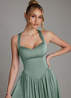 Azazie Francis Bridesmaid Dresses Silver Sage A-Line Corset Stretch Satin Dress image4