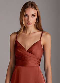 Azazie Calissa Final Sale Terracotta A-Line V-Neck Pleated Stretch Satin Dress image5