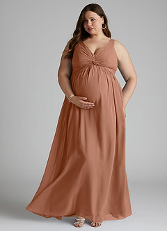 Azazie Yetta Maternity Bridesmaid Dresses A-Line V-Neck Gathered Chiffon Floor-Length Dress image7