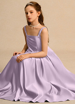 Azazie Mochi Girls Formal Flower Girl Dresses Frosted Lilac Ball-Gown Pleated Matte Satin Dress image3