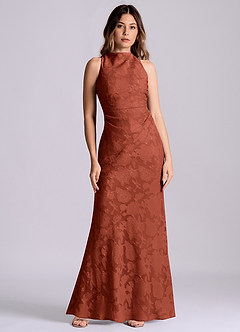 Azazie Evadne Final Sale Terracotta Sheath Pleated Floral Burnout Dress image1