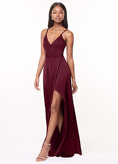Azazie Maksim Brautjungfernkleider A-Linie V-Hals Stretch-Satin Kleid Maulbeerrot image4