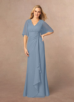 Azazie Carson Mother of the Bride Dresses Dusty Blue A-Line V-Neck Lace Chiffon Dress image1