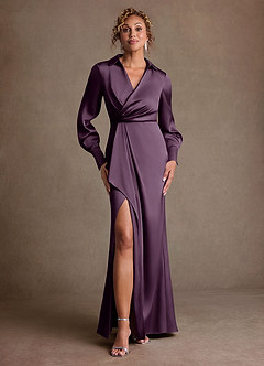 Azazie Jacinta Mère de la mariée Robes Robe Fourreau en Satin extensible Plissée Prune image1