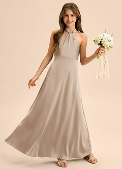 Azazie Beah Junior Robe Trapèze en Satin extensible Plissée Taupe image5