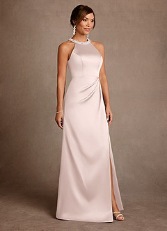 Azazie Lawrence Mother of the Bride Dresses Blushing Pink A-Line Pleated Stretch Satin Dress image4