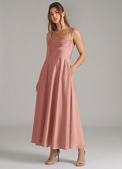 Azazie Shaude Bridesmaid Dresses Rosette A-Line Pleated Stretch Satin Dress image5
