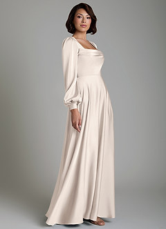 Azazie Solana Bridesmaid Dresses White Alabaster A-Line Long Sleeve Stretch Satin Dress image5