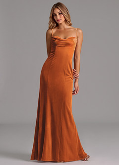 Azazie Karryn Vestidos de damas de honor Vestido de Naranja Quemada de terciopelo de Corte Sirena con Corsé image3