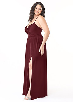 Azazie Raya Final Sale Cabernet A-Line V-Neck Pleated Stretch Satin Dress image10