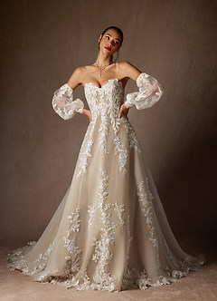 Azazie Madeleine Wedding Dresses Diamond White Nude Ball-Gown Strapless Lace Dress image2