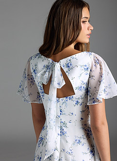 Azazie Kimber Bridesmaid Dresses Blue Cottage Floral A-Line Flounce Sleeve Chiffon Dress image6