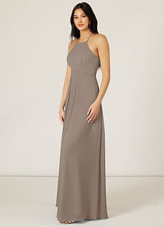 Azazie Sarah Bridesmaid Dresses Taupe Empire Pleated Chiffon Dress image4
