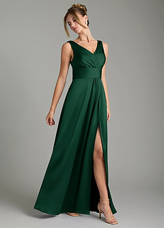 Azazie Karina Bridesmaid Dresses Dark Green A-Line Pleated Stretch Satin Dress image4