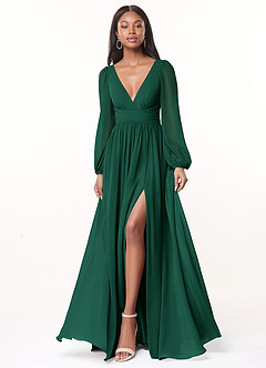 Azazie Norah Bridesmaid Dresses Emerald A-Line V-Neck Long Sleeve Chiffon Dress image1
