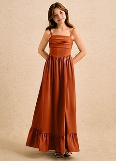 Azazie Maisie Girls Formal Flower Girl Dresses Burnt Orange A-Line Ruched Stretch Satin Dress image4