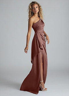 Azazie Maive Bridesmaid Dresses Espresso Sheath Ruched Stretch Satin Dress image4