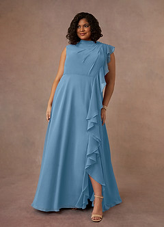Azazie Narine Mère de la mariée Robes Robe Trapèze en Mousseline de soie Encolure haute plissée Acier Bleuté image7