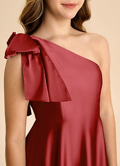 Azazie Penguin Junior Pomegranate A-Line Bow Stretch Satin Dress image7