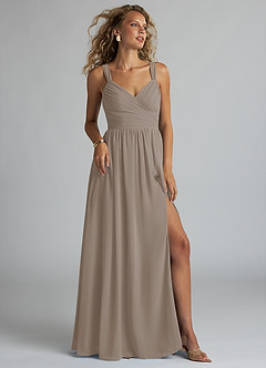 Azazie Aziza Bridesmaid Dresses Taupe A-Line V-Neck Pleated Chiffon Dress image1