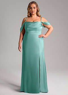 Azazie Saige Bridesmaid Dresses Aqua Sheath Off the Shoulder Stretch Satin Dress image15