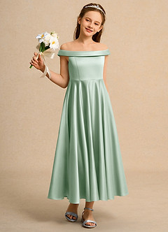 Azazie Teeny Girls Formal Sukienki dla dziewczynek sypiących kwiaty Linia A Pofałdowany Matowy satynowy Długość kostki Sukienka image5