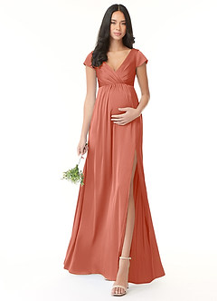 Azazie Allessia Maternity Bridesmaid Dresses A-Line Pleated Stretch Satin Floor-Length Dress image1