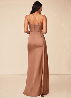 Azazie Maron Bridesmaid Dresses Bronzer A-Line One Shoulder Stretch Satin Dress image2
