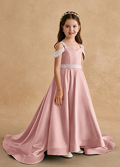 Azazie Jodi Robe Demoiselle D'honneur Fillette Robe Trapèze en Mat Satiné Or Rose image3