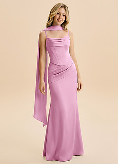 Azazie Sorrel Junior Candy Pink Mermaid Ruched Stretch Satin Dress image3