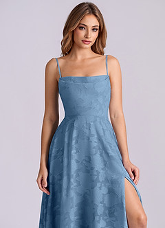 Azazie Elle 신부 들러리 드레스 A라인 주름진 플로럴 번아웃 바닥 길이 드레스 image5