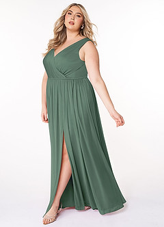 Azazie Tanicia Bridesmaid Dresses Eucalyptus A-Line V-Neck Pleated Mesh Dress image7