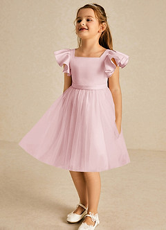 Azazie Kaeya Robe Demoiselle D'honneur Fillette Robe Trapèze en Tulle Nœud Rose Poudré image4