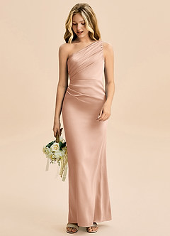 Azazie Akilah Junior Robe Fourreau en Satin extensible Plissée Or Rose image3