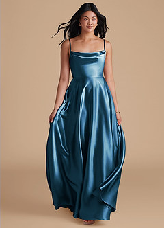 Azazie Elle Bridesmaid Dresses Steel Blue A-Line with Pockets Metallic Satin Dress image10