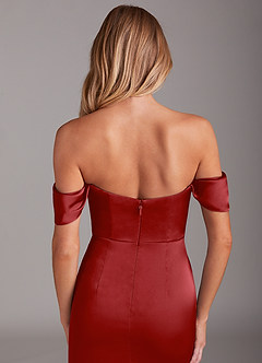 Azazie Saige Bridesmaid Dresses Pomegranate Sheath Off the Shoulder Stretch Satin Dress image9
