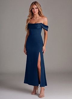 Azazie Saige Bridesmaid Dresses Dark Navy Mermaid Off the Shoulder Stretch Satin Dress image1