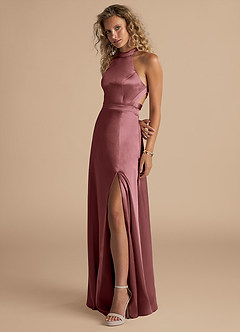 Azazie Clarice Bridesmaid Dresses Vintage Mauve A-Line High Neck Metallic Satin Dress image5