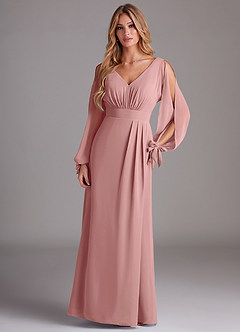 Azazie Matilda Bridesmaid Dresses Dusty Rose A-Line Long Sleeve Chiffon Dress image3