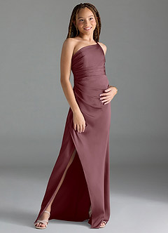 Azazie Eren Junior Vestido de Sangrado de Satén Elástico de Recto con Plisado image3