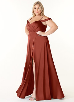 Azazie Ocean Brautjungfernkleider A-Linie V-Hals Gefaltet Stretch-Satin Kleid Terrakotta image8