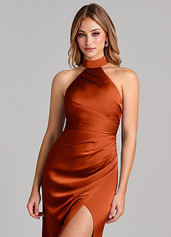Azazie Karlotta Bridesmaid Dresses Paprika Sheath Pleated Stretch Satin Dress image6