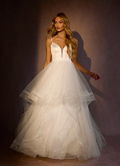 Azazie Lizabeth Wedding Dresses Diamond White Ball-Gown Ruched Satin Dress image3