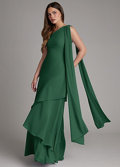 Azazie Monique Vestidos de damas de honor Vestido Verde Oscuro de Gasa de Línea A con Un hombro image4