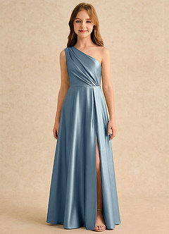 Azazie Puddles Junior Formal Flower Girl Dresses Dusty Blue A-Line One Shoulder Stretch Satin Dress image6