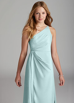 Azazie Mika Junior Sea Glass A-Line Pleated Stretch Satin Dress image4