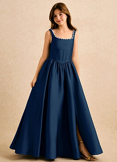 Azazie Enid Girls Formal Robe Demoiselle D'honneur Fillette Robe Trapèze en Satin extensible Perlé Bleu Marine Foncé image1