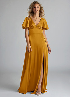 Azazie Kimber Bridesmaid Dresses Butterscotch A-Line Ruched Stretch Satin Dress image3