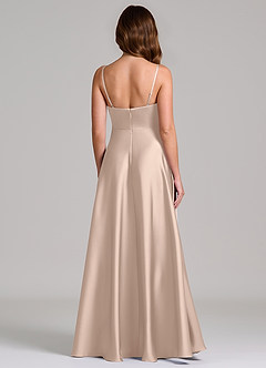 Azazie Amani At-home Try On Dresses Dusty Blue A-Line Pleated Stretch Satin Dress image5